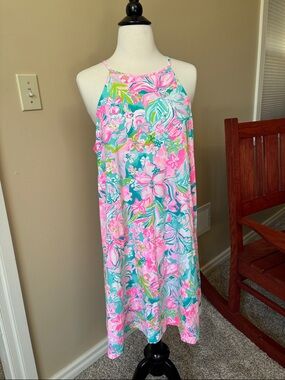 Lilly Pulitzer Pink/Teal Floral Halter A-line Silhouette Knee Length Dress Sz L